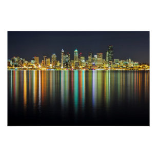 Póster Seattle skyline à noite com reflexão