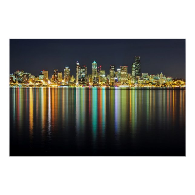 Póster Seattle skyline à noite com reflexão (Frente)
