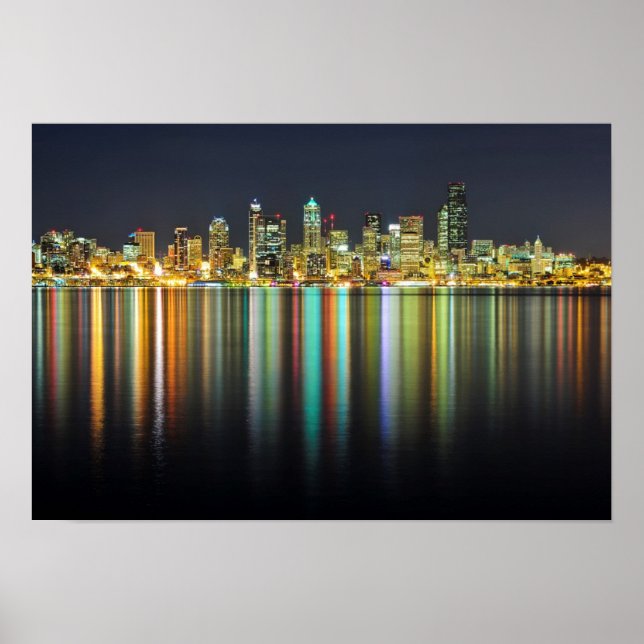 Póster Seattle skyline à noite com reflexão (Frente)