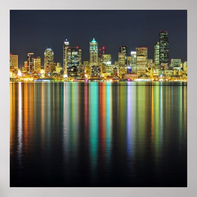 Póster Seattle skyline à noite com reflexão (Frente)