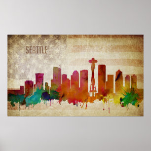 Póster Seattle, skyline da cidade da aguarela de WA  