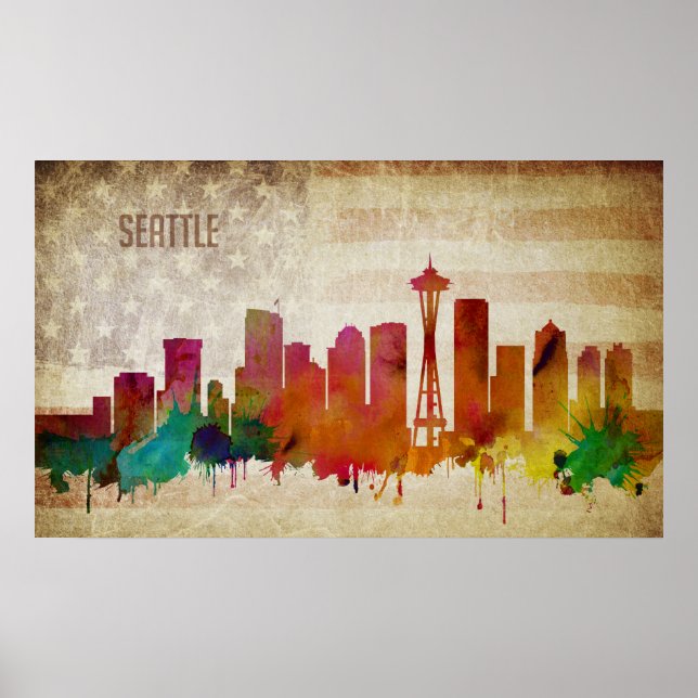 Póster Seattle, WA | Linha Skyline Cidade de Cores (Frente)