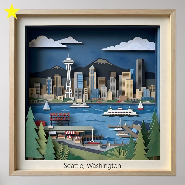 Poster Seattle Washington America Layered Paper Art (Criador carregado)