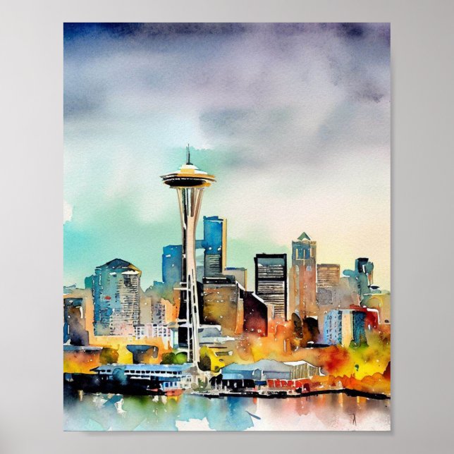 Poster Seattle Washington City Skyline watercolor (Frente)