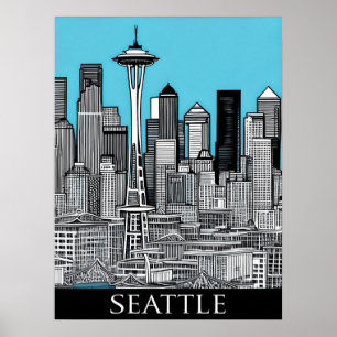 Poster Seattle Washington Cityscape em preto e branco