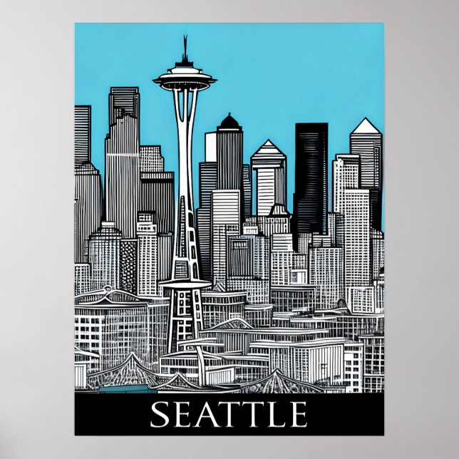 Poster Seattle Washington Cityscape em preto e branco (Frente)