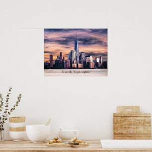 Poster Seattle, Washington Cityscape, rotulado,