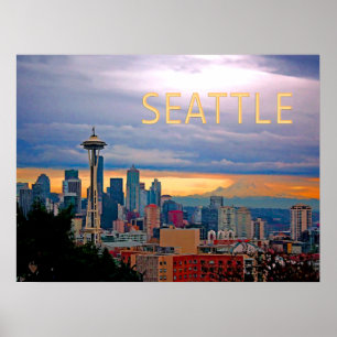 Póster Seattle Washington Skyline no Sunset TEXT SEATTLE