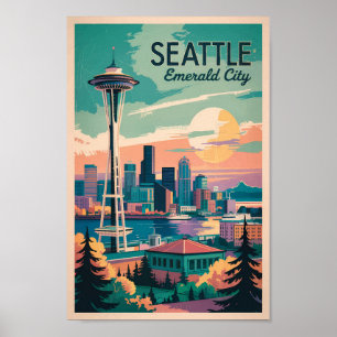 Poster Seattle Washington Skyline Viagem Art Vintage