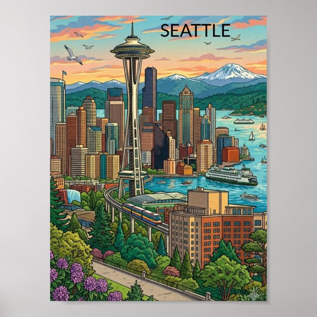 Poster Seattle, Washington Vista da Cidade de Viagem Vint (Frente)