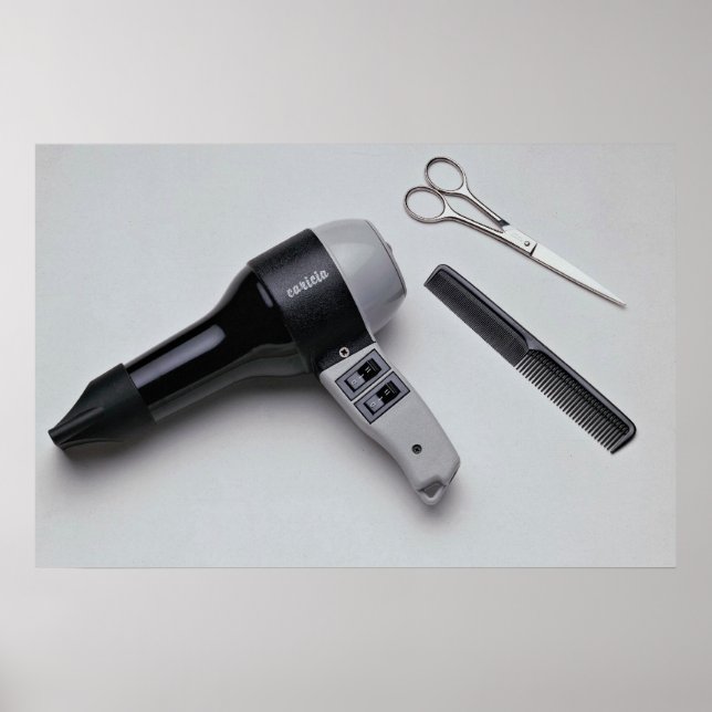 Póster Secador de cabelo com tesoura e pente (Frente)