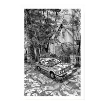 Sedã Clássico Desenho a Tinta Preto e Branco Retro