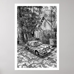 Poster Sedã Clássico Desenho a Tinta Preto e Branco Retro
