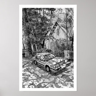Poster Sedã Clássico Desenho a Tinta Preto e Branco Retro