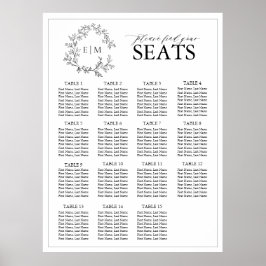 Poster Sede Casamento de Monograma de Folha Preta Branca