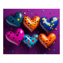 Seis corações 3D sobre fundo roxo