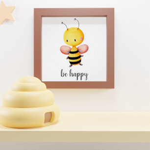 Poster Seja Feliz Abelha Fofa Voando Quarto de Crianças
