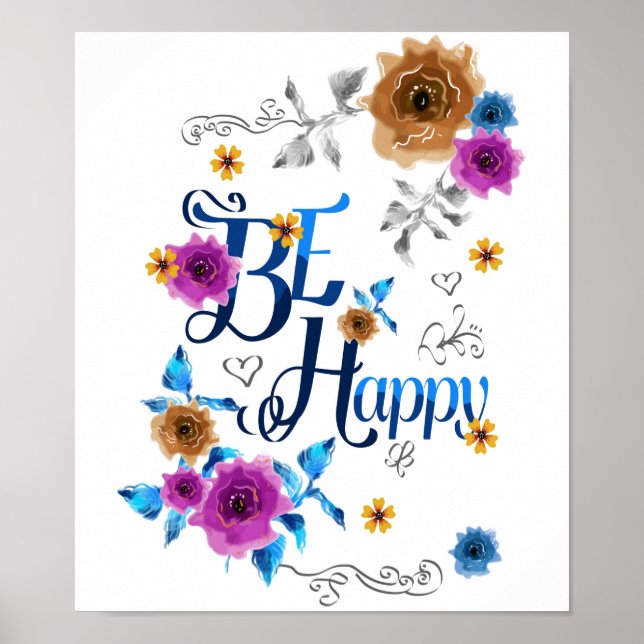 Poster Seja feliz, com uma citação positiva, Flores Doura (Frente)