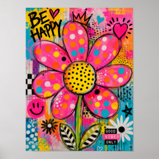 Poster Seja Feliz Flor Colorida Pop Art