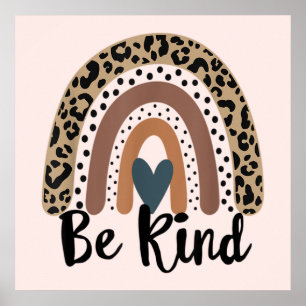 Poster Seja gentil Leopard Rainbow Boho inspirador Rosa