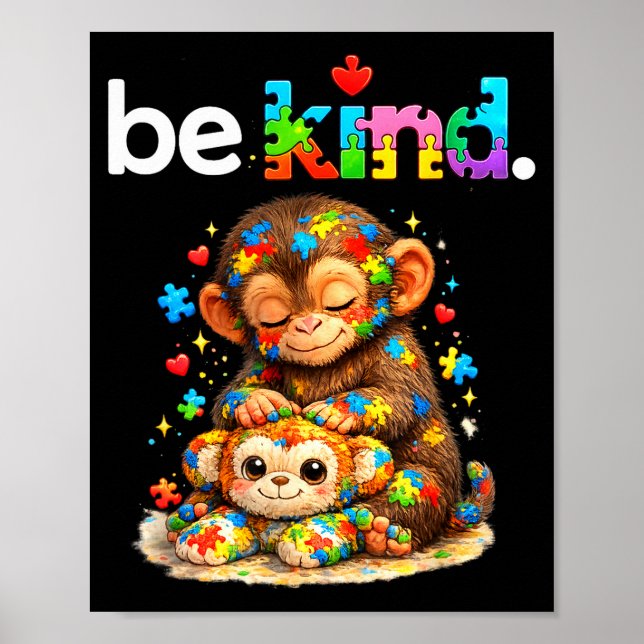 Poster Seja gentil soco macaco colorido puzzle autismo (Frente)