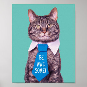 Poster "SEJA INCRÍVEL!" Gato com Gravata Azul, Turquesa,