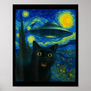 Poster Selfie de Gato com Alien Ufo Noite Van Gogh Homens