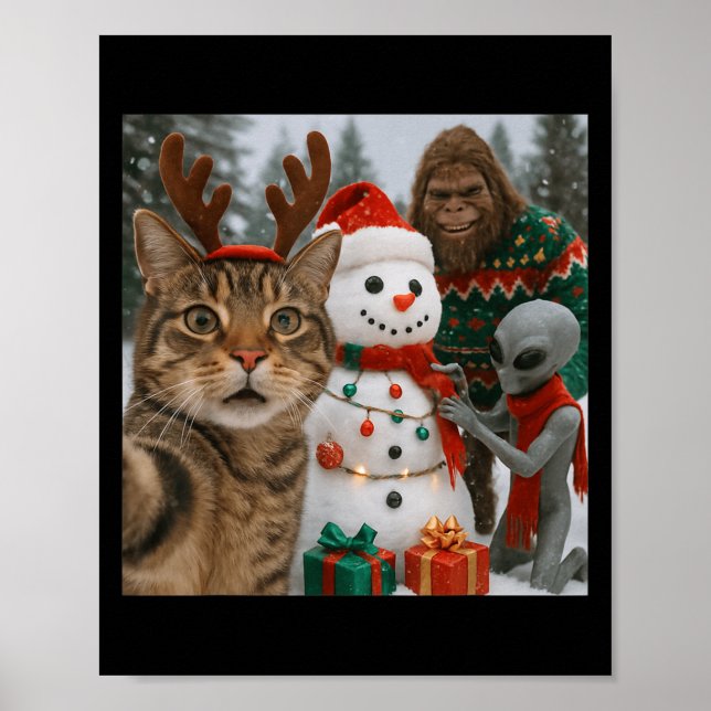 Poster Selfie De Gato De Natal Engraçado Com Alienígena D (Frente)