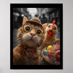 Poster Selfie de Gato e Galinha Ovos de Páscoa Vintage En
