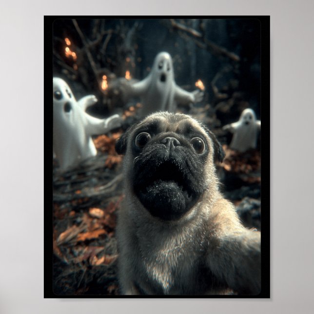 Poster Selfie Engraçado de Pug com Fantasmas na Floresta  (Frente)