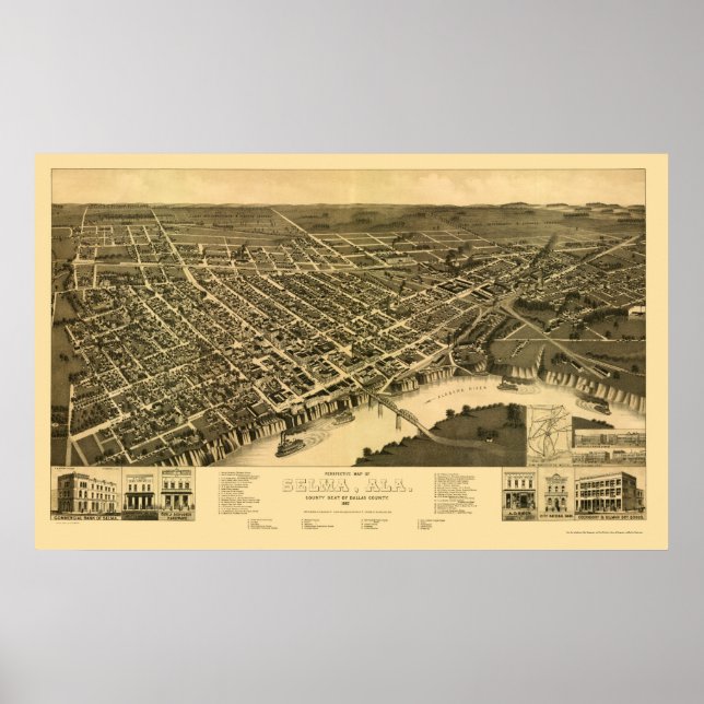 Póster Selma, Mapa Panorâmico AL - 1887 (Frente)