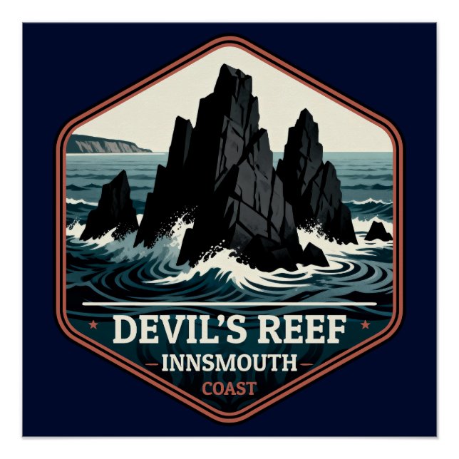 Póster Selo de Viagem Antigo Innsmouth Coast Devil’s Reef (Frente)