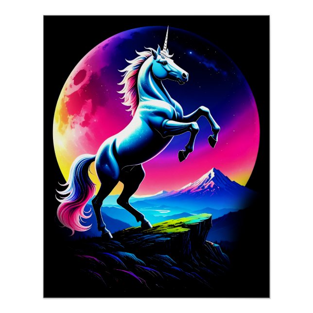 Póster Selva Colorida Fantástica de Unicórnios (Frente)