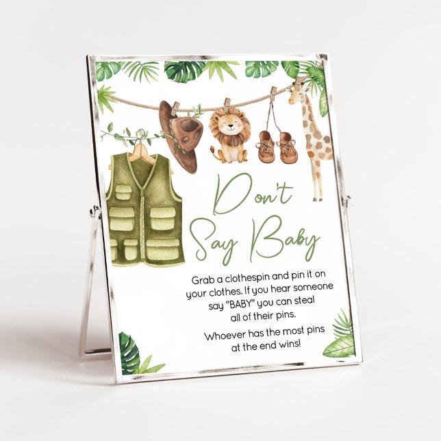 Poster Selva de Safari Tropical Não diz bebê (Tropical Safari Jungle Animals Clothesline Baby Shower Don't Say Baby Sign)