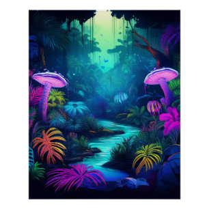 Póster Selva Neon com Cogumelos Brilhantes e Plantas