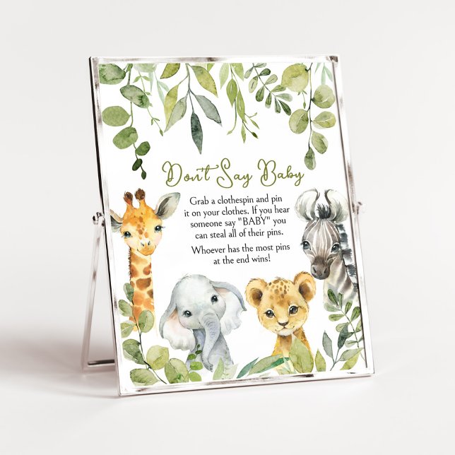 Poster Selva Uma Selva Safari Não Diga Amor (Greenery Animals Baby Shower  Don't Say Baby Sign)