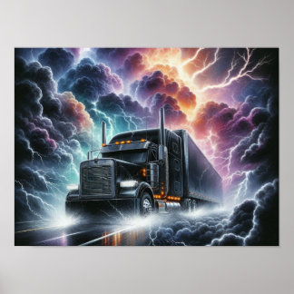 Poster Semi Truck em uma tempestade de relâmpagos vibrant