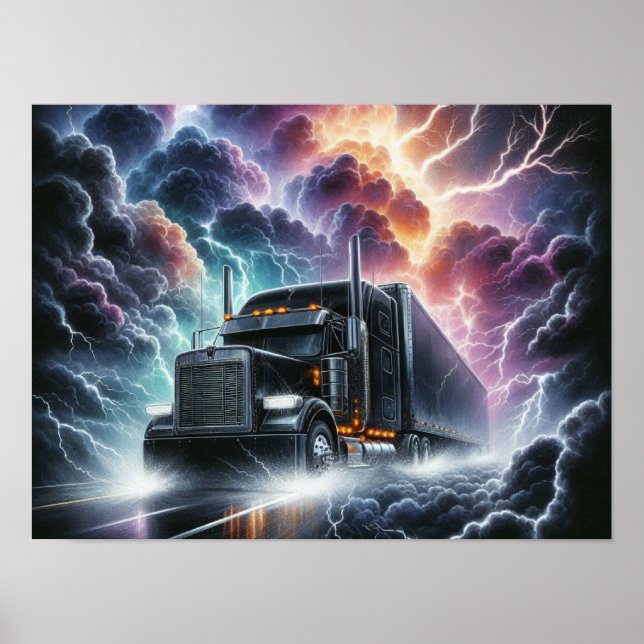 Poster Semi Truck em uma tempestade de relâmpagos vibrant (Frente)
