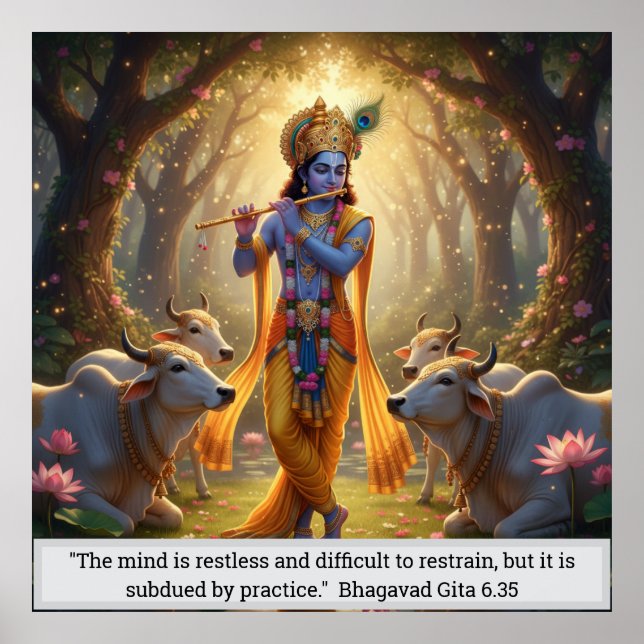 Poster Senhor Krishna Floresta de Vrindavan Tocando Flaut (Frente)