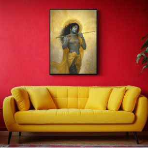 Poster Senhor Krishna Tocando a Flauta Arte Amarela Doura