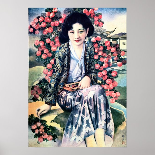Poster Senhora Chinesa Elegante pelas Flores Velho Xangai (Frente)