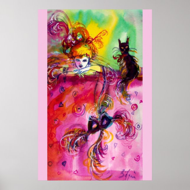 Póster SENHORA COM Bola de Mascarada Veneza CAT PRETO (Frente)