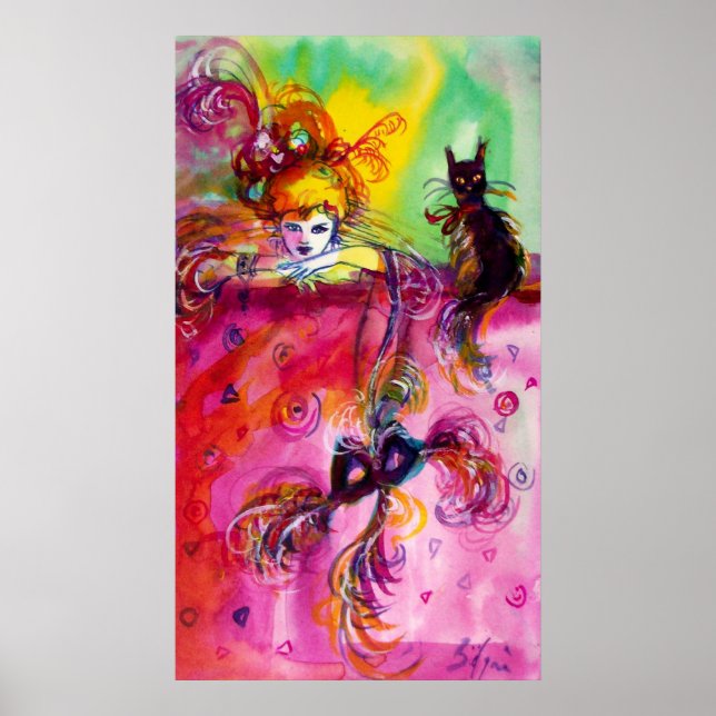 Póster SENHORA COM Bola de Mascarada Veneza CAT PRETO (Frente)