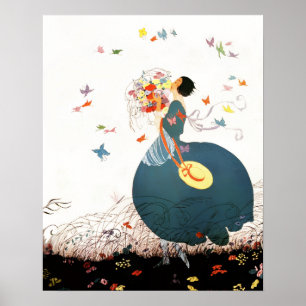 PÓSTER SENHORA COM BUCÊ DE FLORES E BORBOLETAS