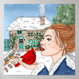 Poster Senhora com Cardeal em frente ao Algodão Inglês