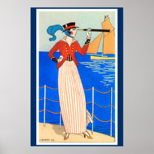 POSTER SENHORA COM MÓCULO ARTE DECO FASHION NAUTICAL BEAU