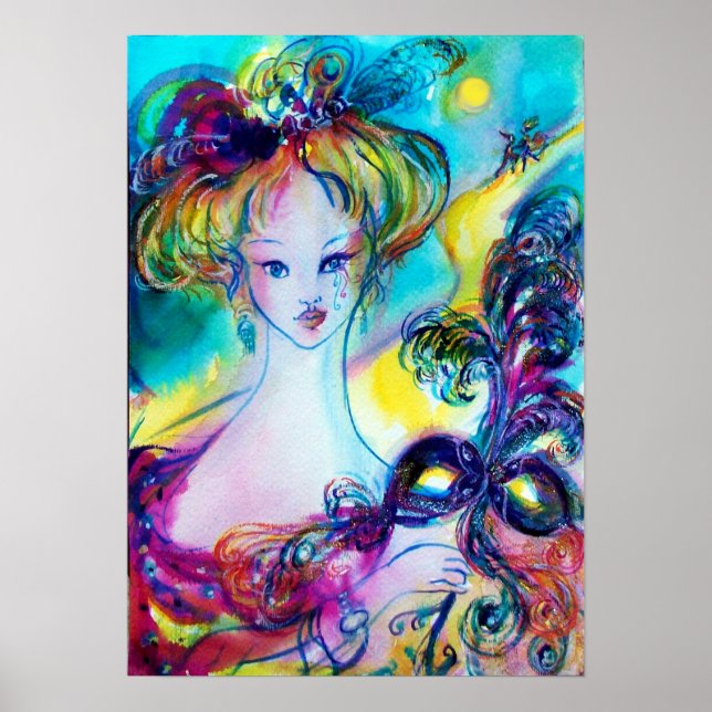 Poster SENHORA COM PENA MÁSCARA Veneza Mascarada NOITE (Frente)