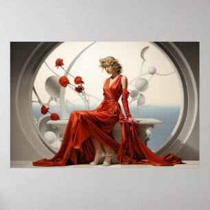 Poster Senhora com um vestido vermelho em uma pintura de
