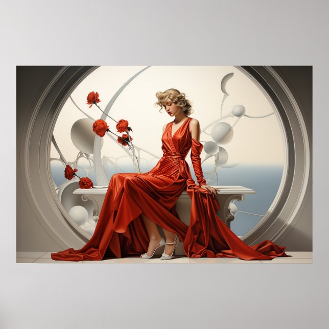 Poster Senhora com um vestido vermelho em uma pintura de  (Frente)