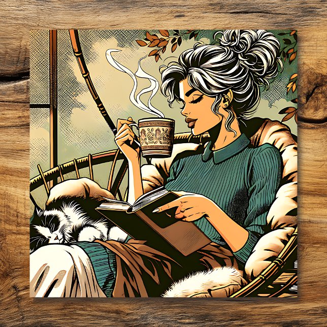 Poster Senhora Cozy Lendo com café e cartão de gato (Criador carregado)